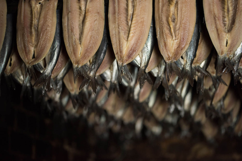 A selection of our kippers being slowly smoked in our smokehouse in the village of Mallaig.
